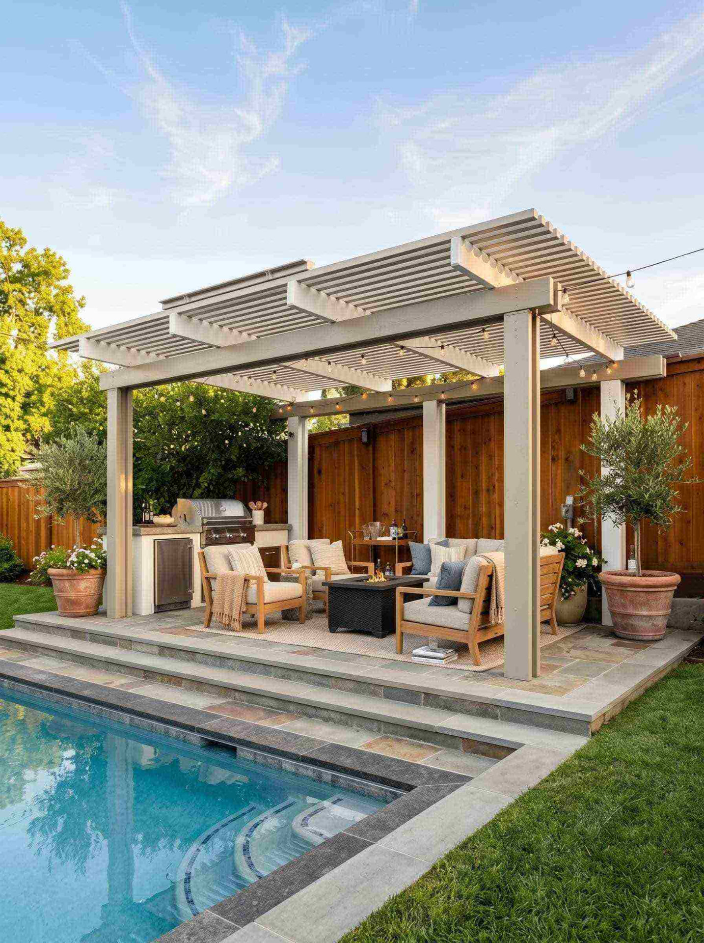Freestanding custom aluminum lattice pergola cabana shading a luxury poolside outdoor living room with built-in BBQ kitchen, fire pit table, and lounge seating on a raised stone deck in Rocklin, CA.