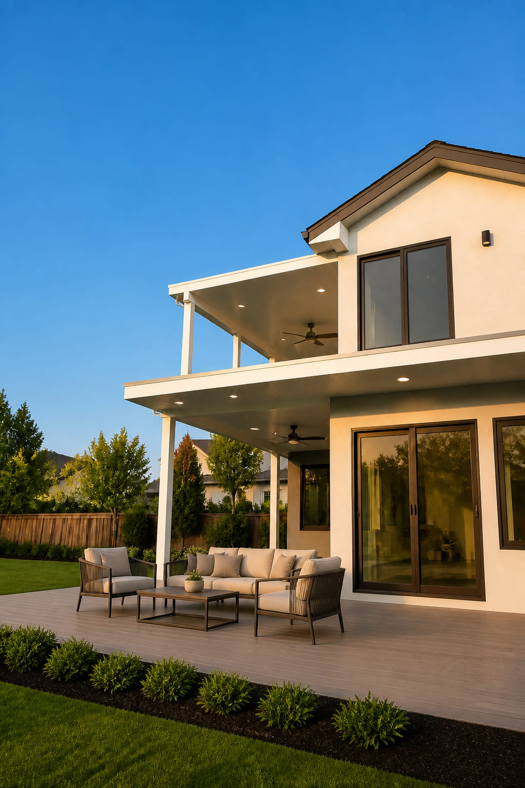 Custom two-story attached solid insulated aluminum patio cover installed over a multi-level waterfront deck featuring integrated outdoor ceiling fans and recessed LED lighting in Folsom, CA.