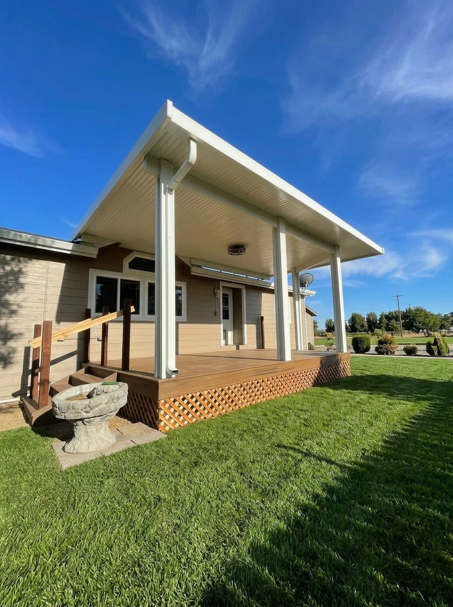 Custom attached solid insulated aluminum patio cover installed over a raised wooden deck with white support posts in Sacramento, CA.