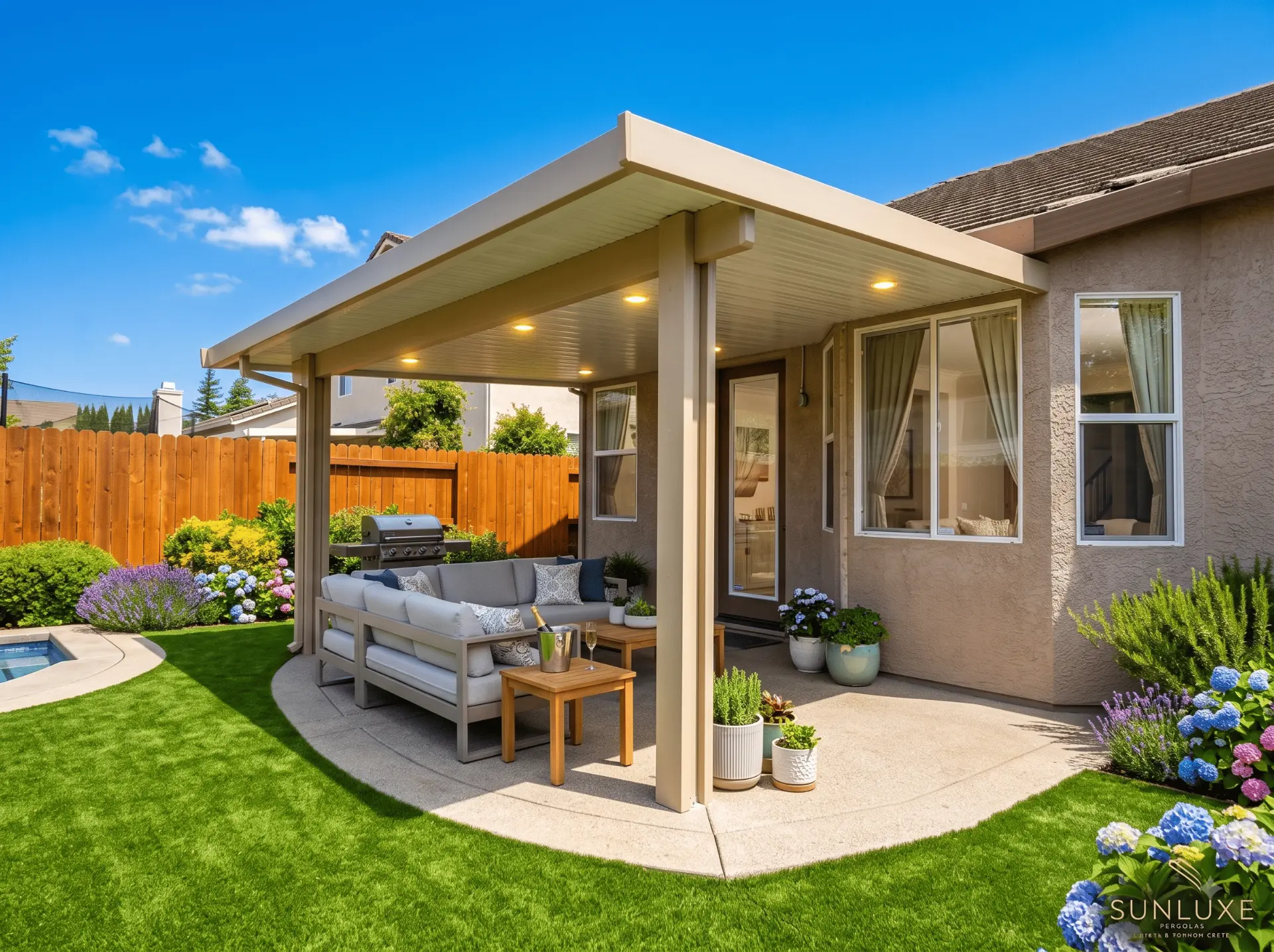 Completed aluminum patio cover project in Northern California