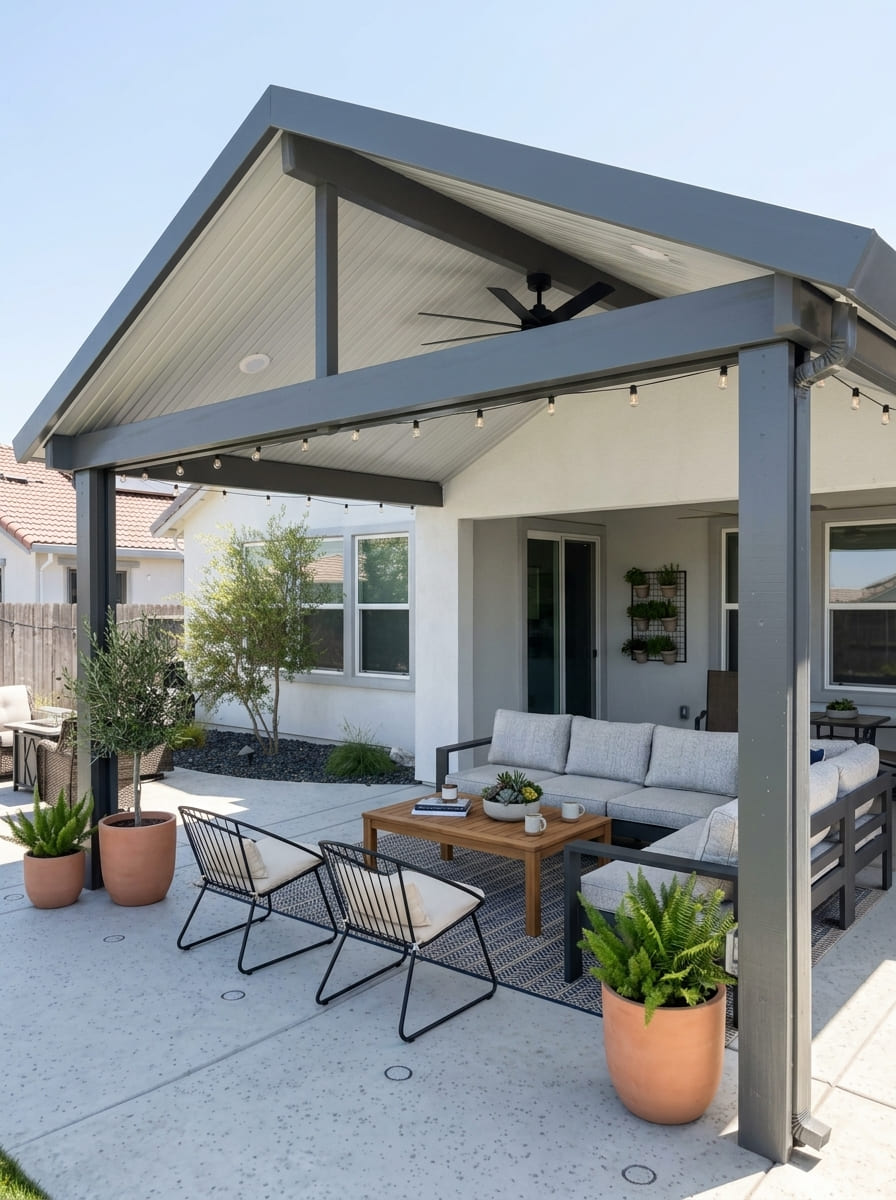 Custom high-pitch gable roof attached insulated aluminum patio cover in charcoal gray finish featuring an integrated outdoor ceiling fan, bistro string lights, and modern outdoor living room furniture in Folsom, CA.