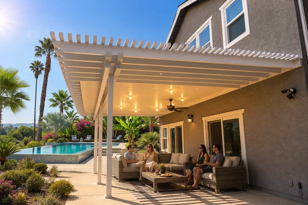 White Duralum aluminum patio cover with insulated roof, pool and outdoor living area in Sacramento, California