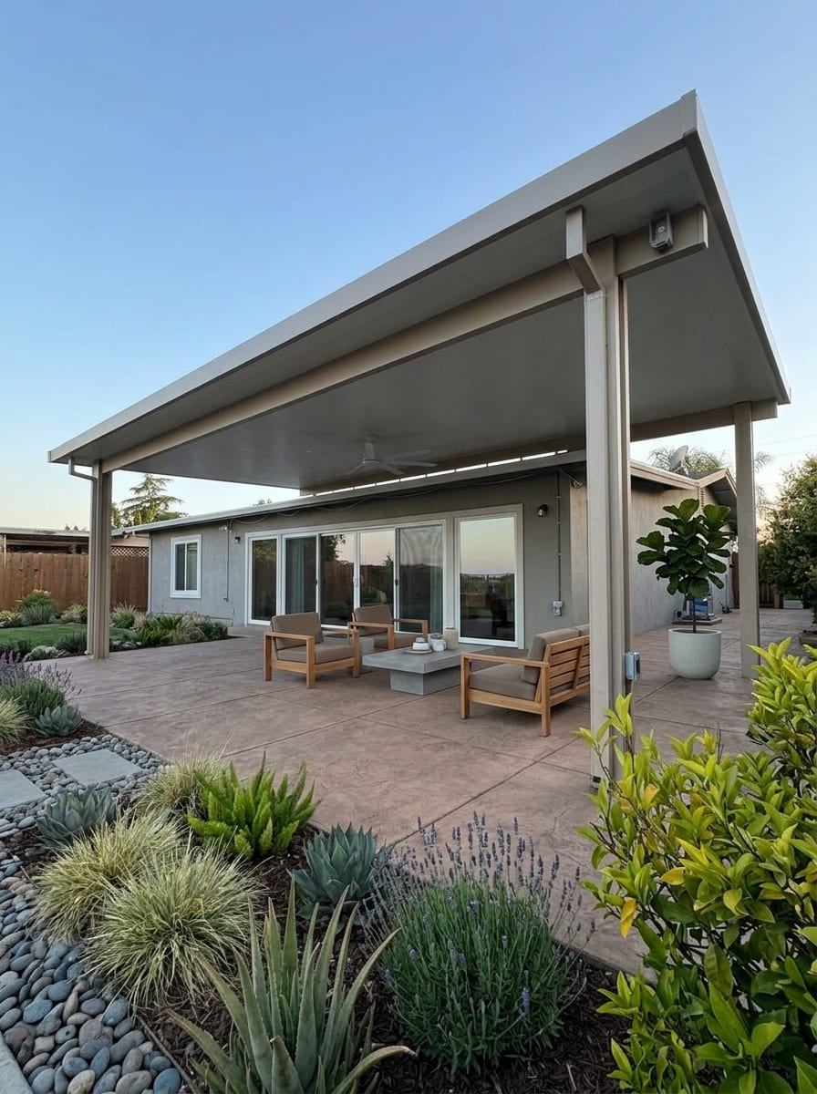 Modern solid insulated aluminum patio cover in Desert Sand finish with integrated ceiling fan and downspouts installed over a large stamped concrete patio in Rocklin, CA.