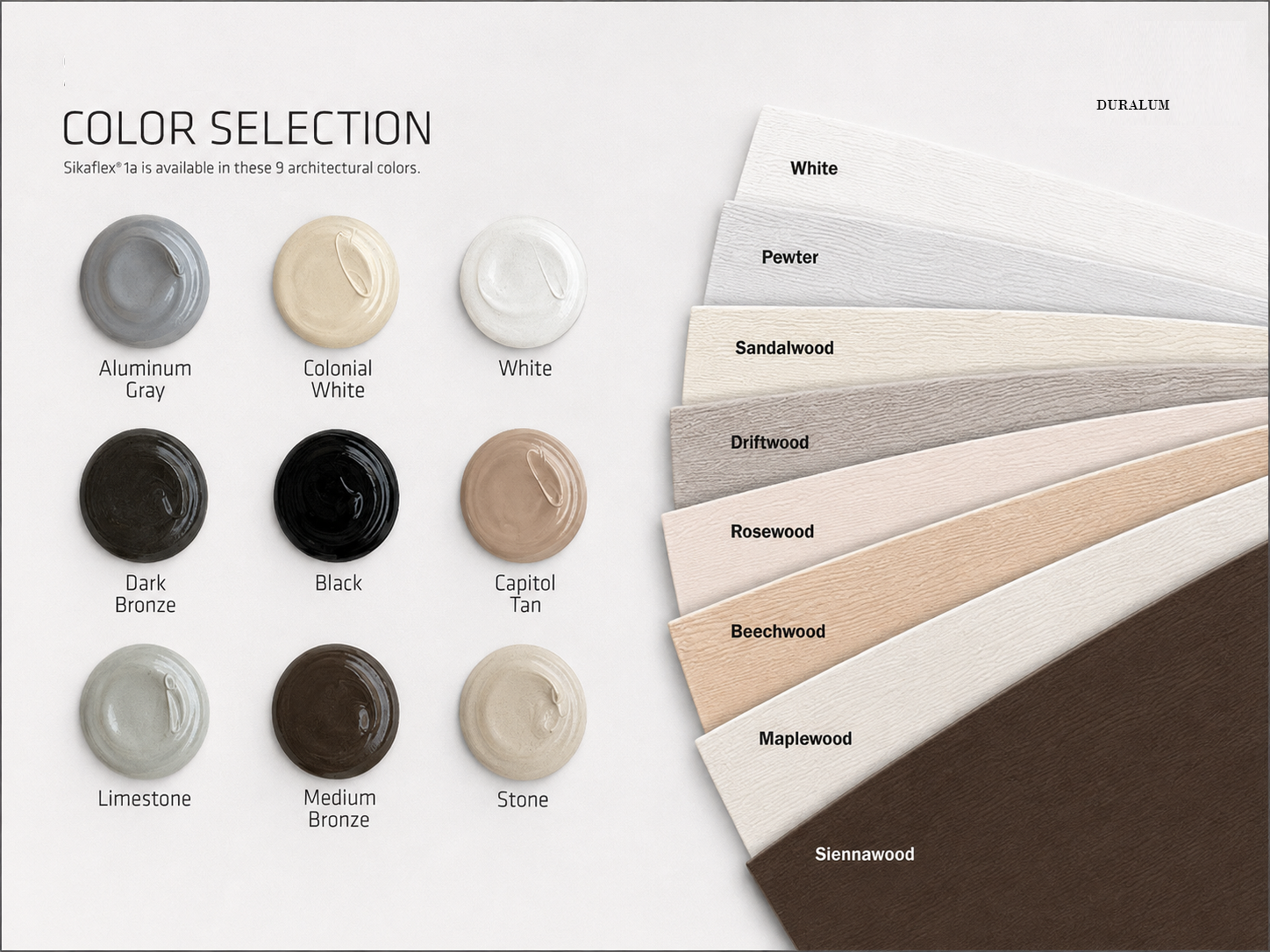Duralum® architectural color chart with woodgrain textured finishes