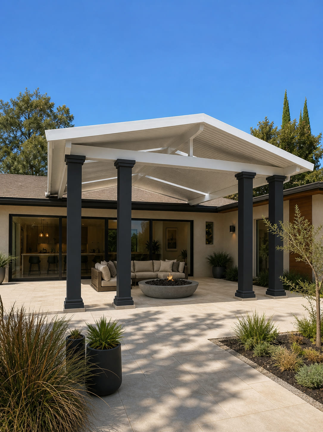 Custom gable roof insulated patio cover with classical columns in Granite Bay, CA.