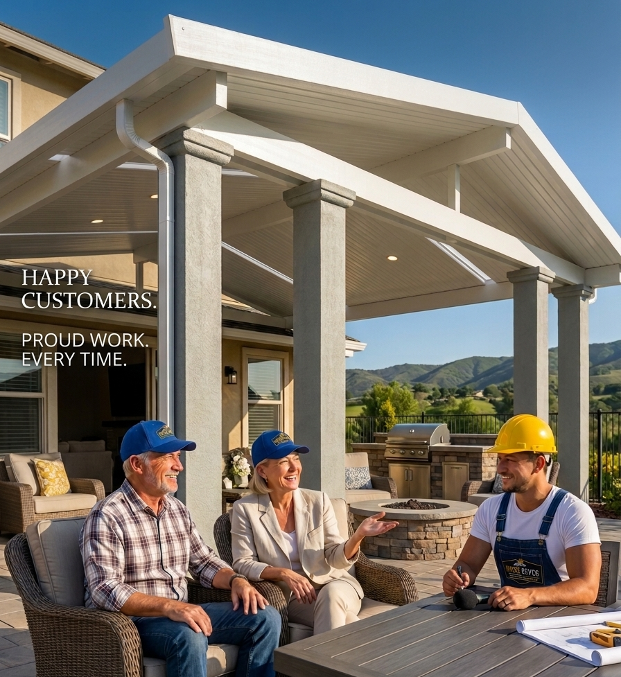 Satisfied homeowners enjoying their new custom patio cover