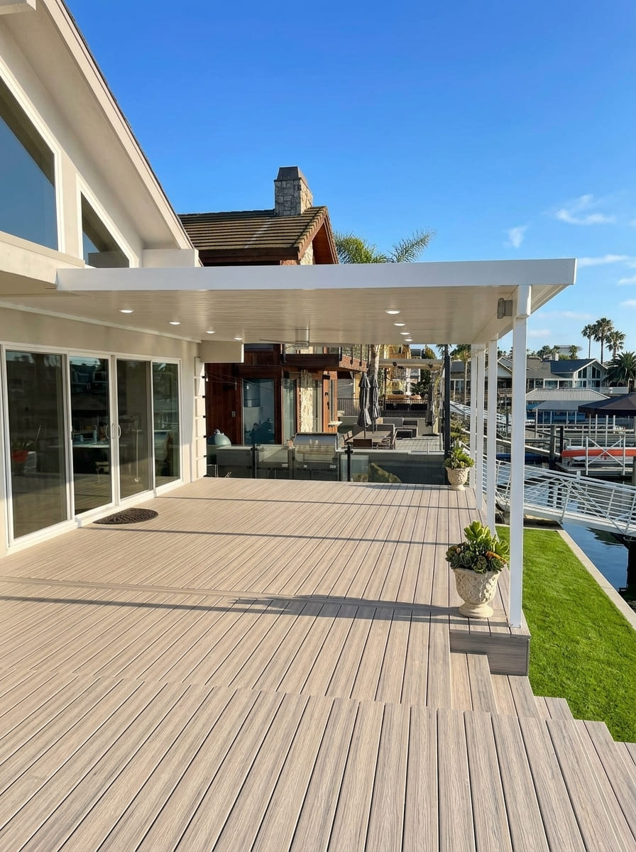 Attached solid insulated aluminum patio cover with recessed LED lighting over waterfront deck in Sacramento, CA.