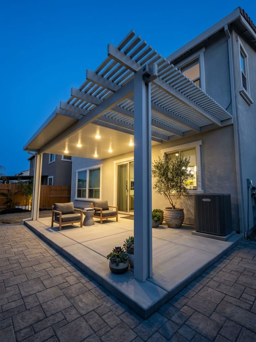 Modern attached combo patio cover featuring an insulated solid roof with warm recessed LED pot lights seamlessly connected to an open lattice pergola over a paver patio at twilight in Roseville, CA.