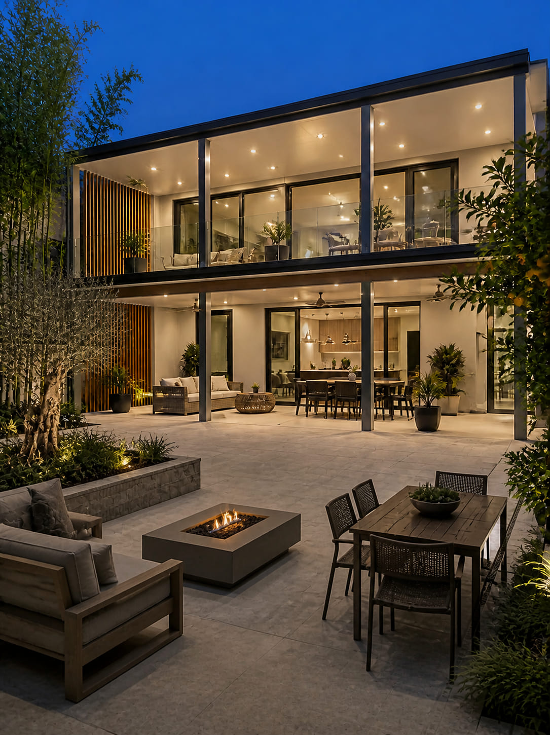 Luxury two-story insulated patio cover with glass railings and recessed lighting over a pool in El Dorado Hills, CA.
