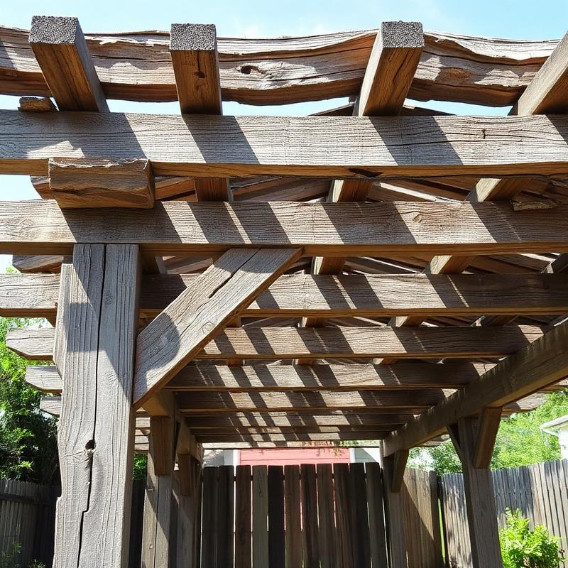 Old cracked and weathered wooden pergola in a backyard
